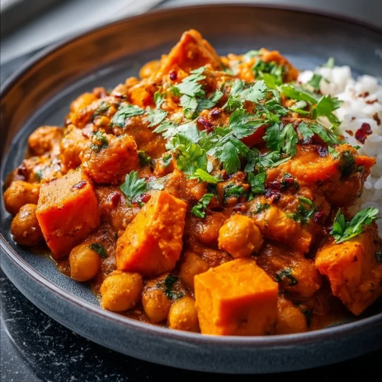 Sweet potato and chickpea curry in a bowl, garnished with cilantro.