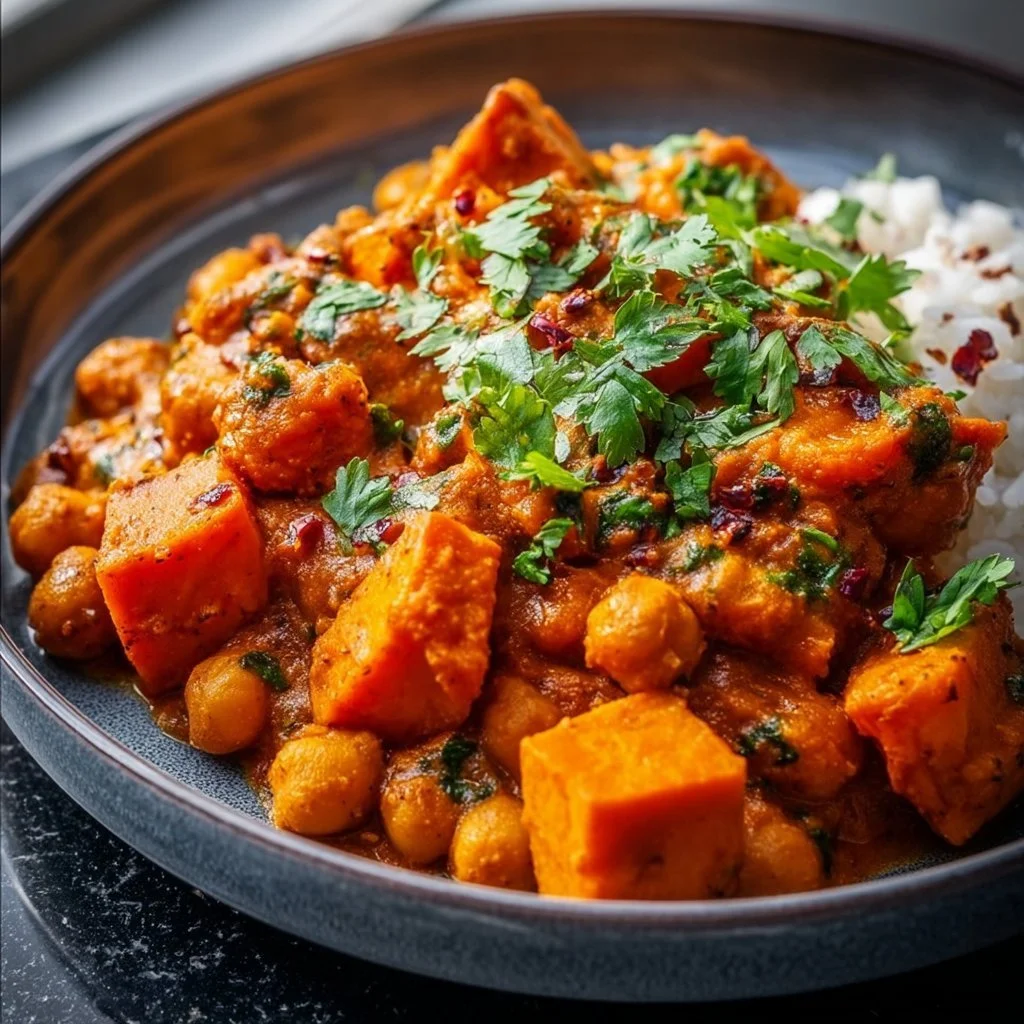 Sweet potato and chickpea curry in a bowl, garnished with cilantro.