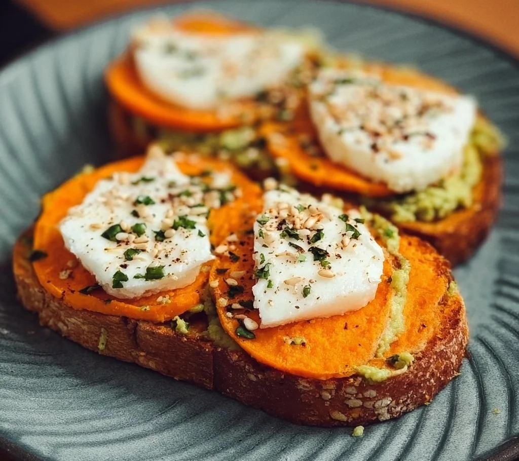 Delicious sweet potato toast topped with avocado and seeds