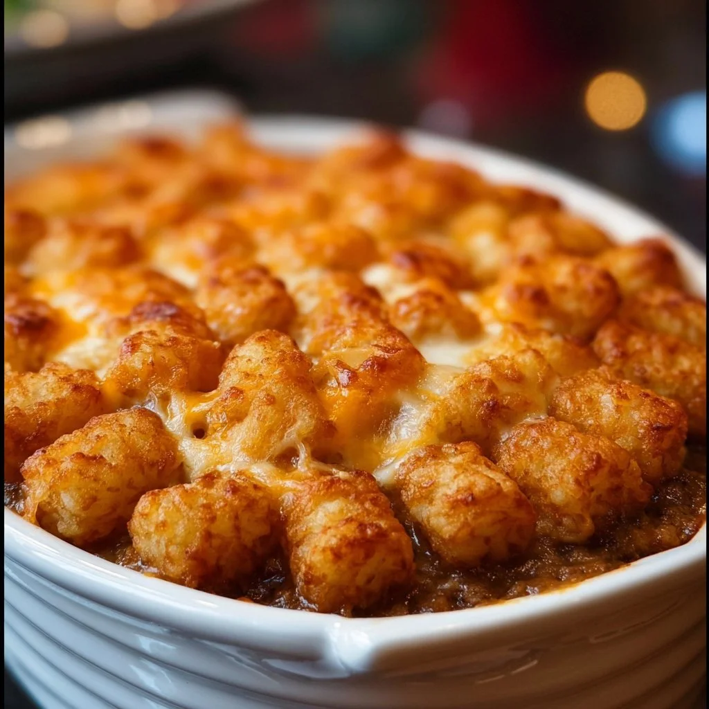 Delicious tater tot casserole served in a baking dish, perfect for family meals.