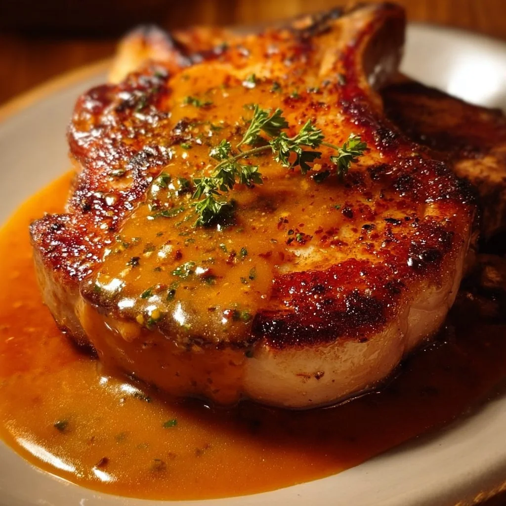 Delicious Texas Roadhouse Pork Chops served with sides on a wooden table