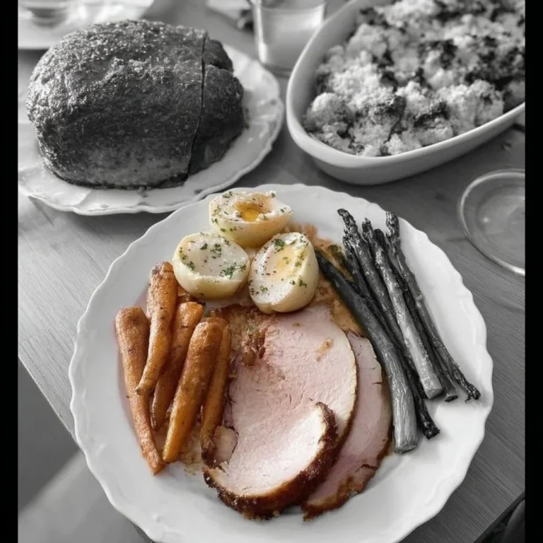 A beautifully glazed traditional Easter dinner ham on a festive table setting.