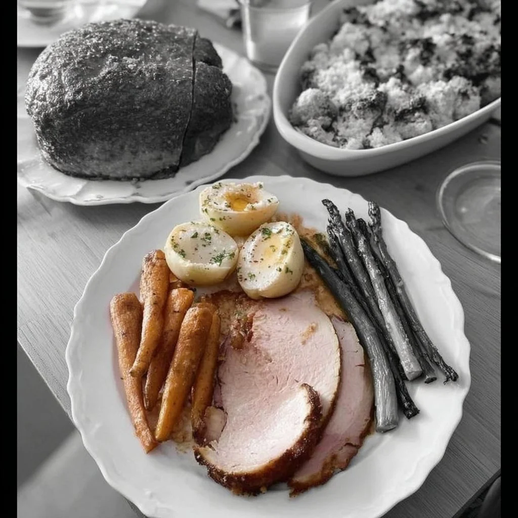 A beautifully glazed traditional Easter dinner ham on a festive table setting.