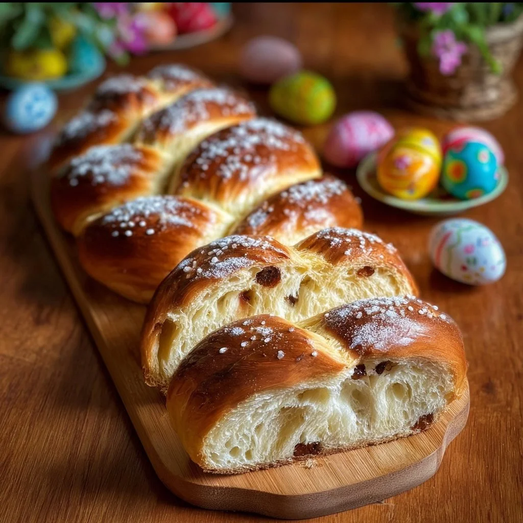 Traditional Italian Easter Bread freshly baked with vibrant colors and decorative eggs