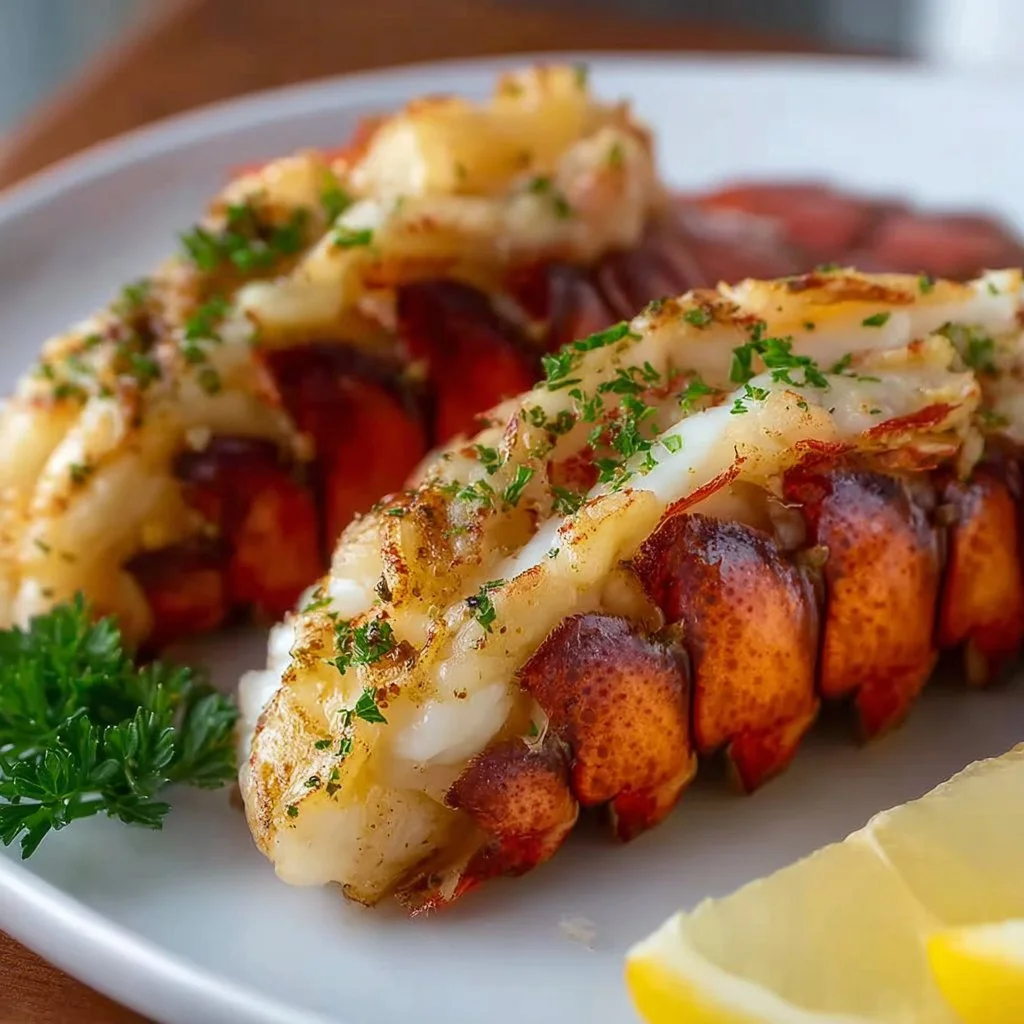 Delicious air fryer lobster tails plated with lemon and herbs