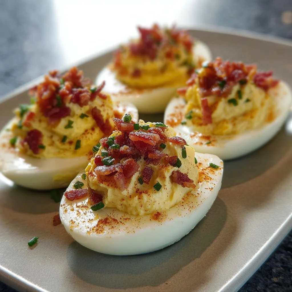 Delicious Bacon Deviled Eggs garnished with crispy bacon bits and herbs