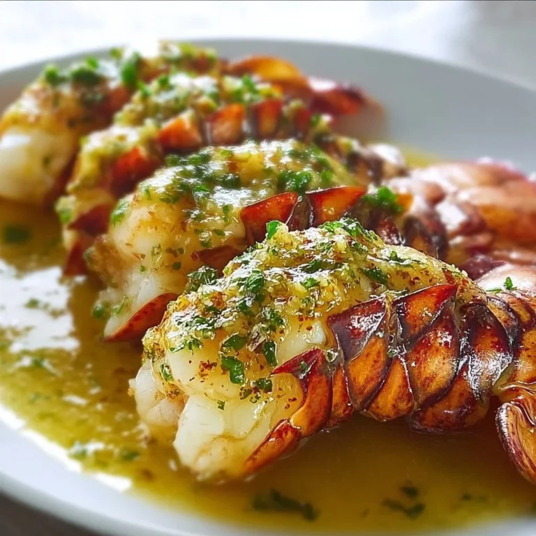 Delicious baked lobster tails topped with garlic butter sauce.