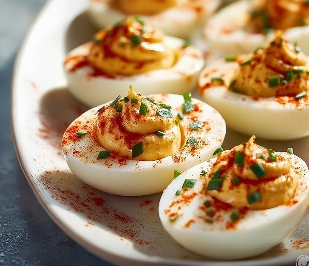 Spicy Bang Bang Deviled Eggs garnished with toppings for a festive appetizer