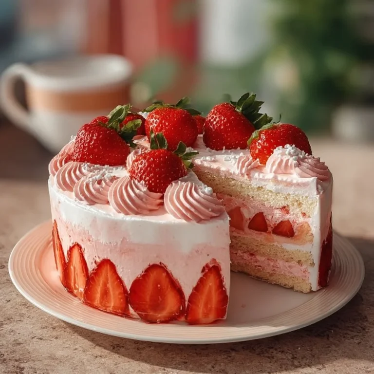 Delicious homemade best ever strawberry cake topped with fresh strawberries.
