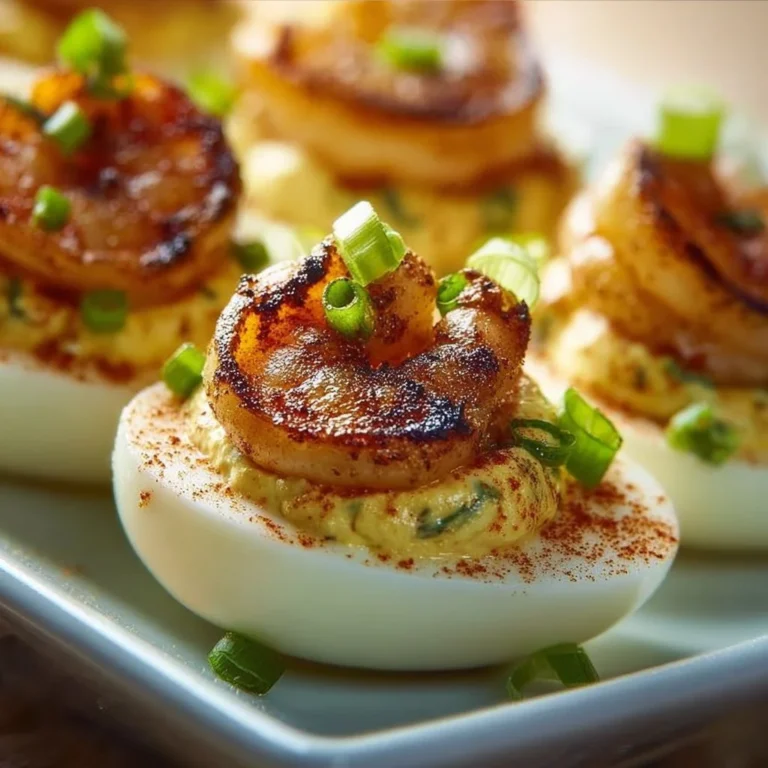 Cajun shrimp deviled eggs garnished with herbs