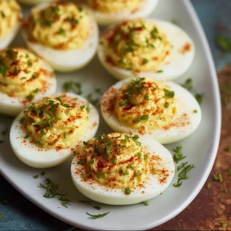 Delicious and creamy deviled eggs garnished with paprika on a platter