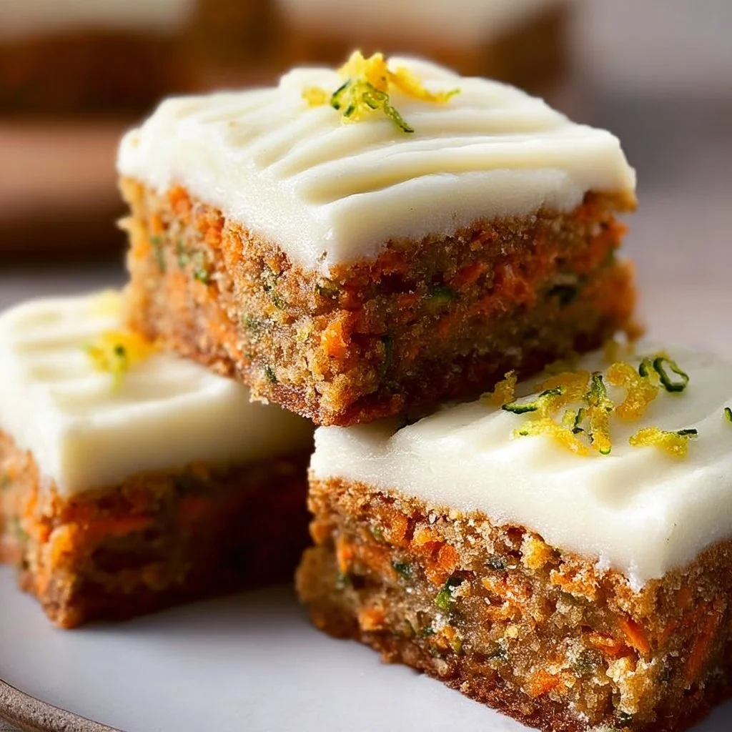 Delicious carrot zucchini bars with lemon frosting served on a plate