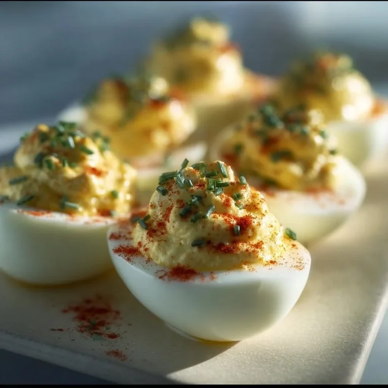 Plate of classic deviled eggs garnished with paprika and herbs
