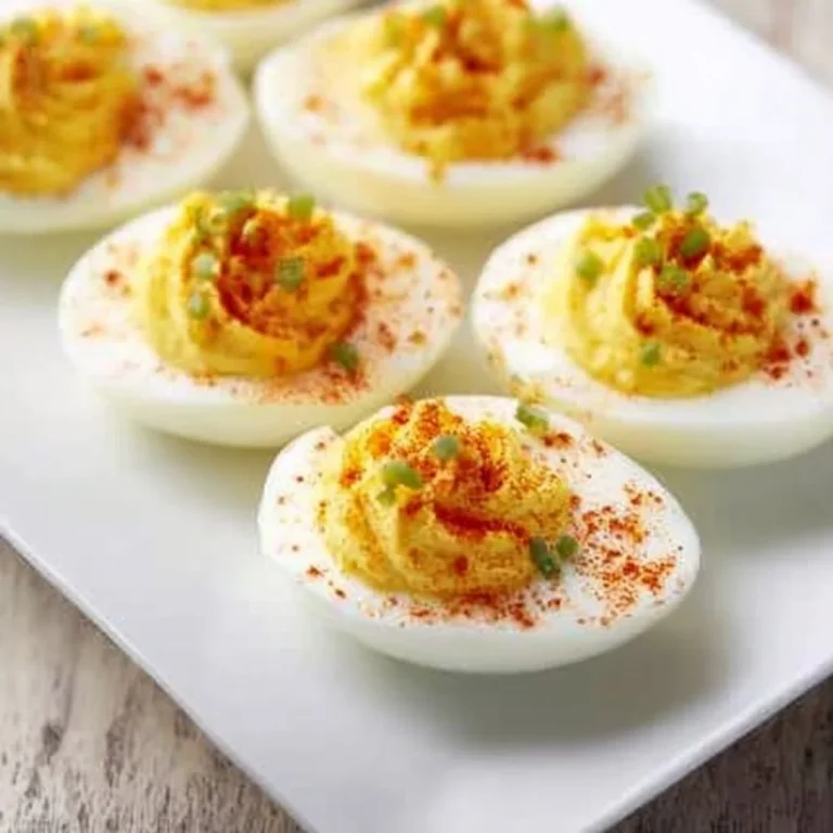 Plate of classic deviled eggs garnished with paprika and fresh herbs