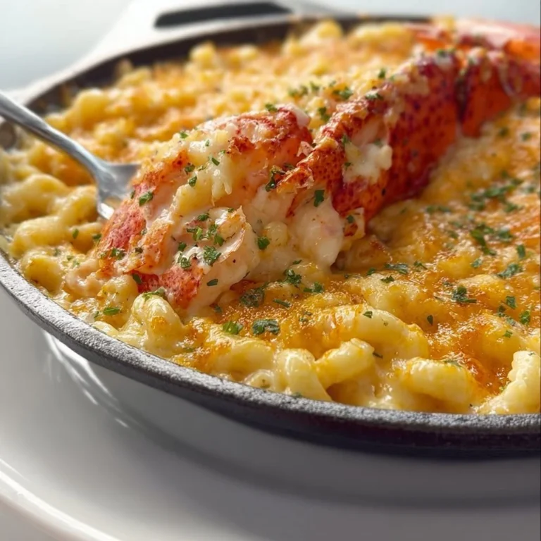Creamy lobster mac and cheese topped with breadcrumbs in a baking dish