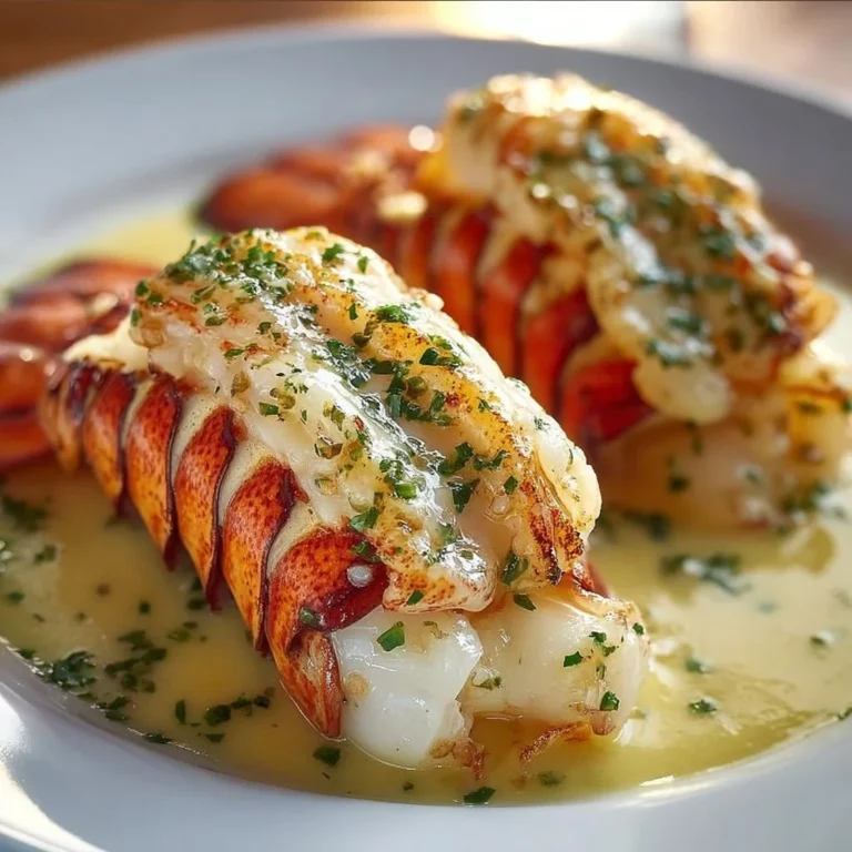 Delicious creamy garlic butter lobster tails garnished with herbs.