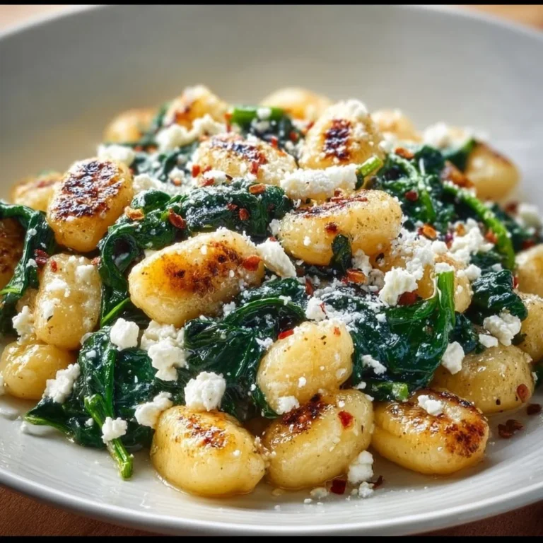 Creamy gnocchi dish with spinach and feta cheese served in a bowl
