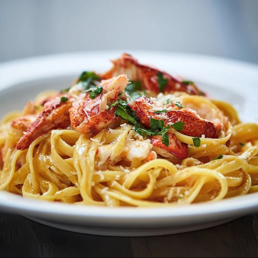 Delicious creamy lobster linguine garnished with herbs and served in a bowl