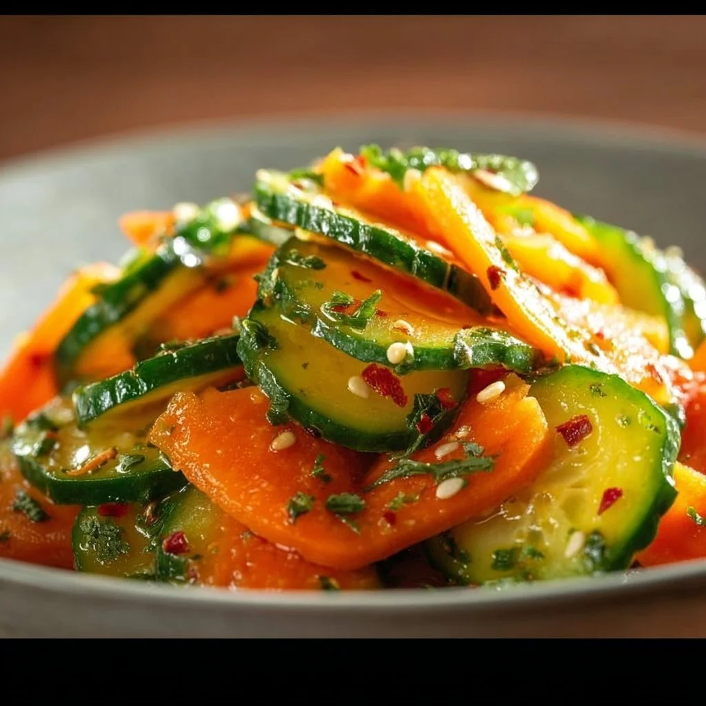 Fresh Cucumber Carrot Salad served in a bowl with herbs