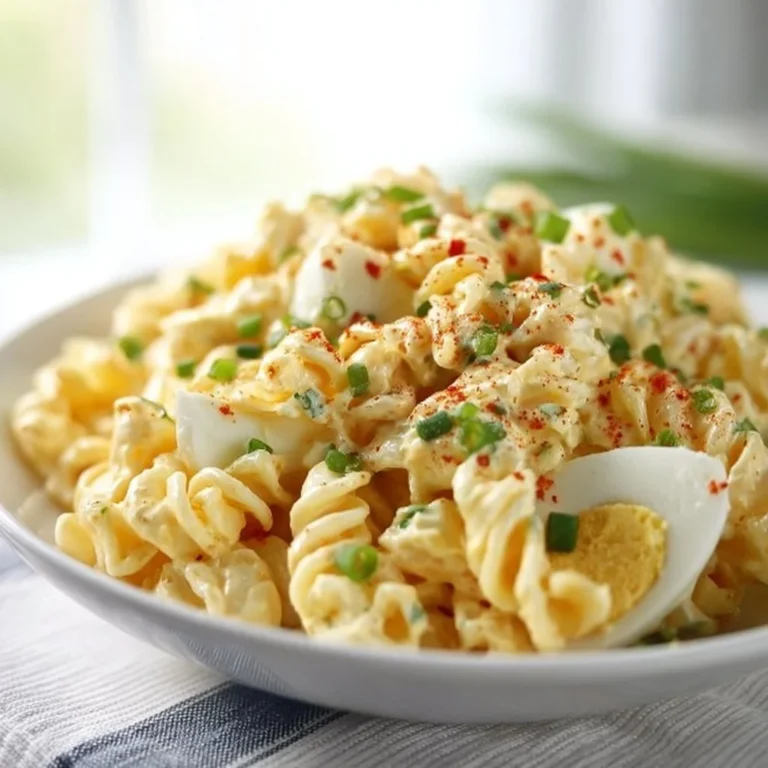 Bowl of deviled egg pasta salad with colorful ingredients and garnishes.