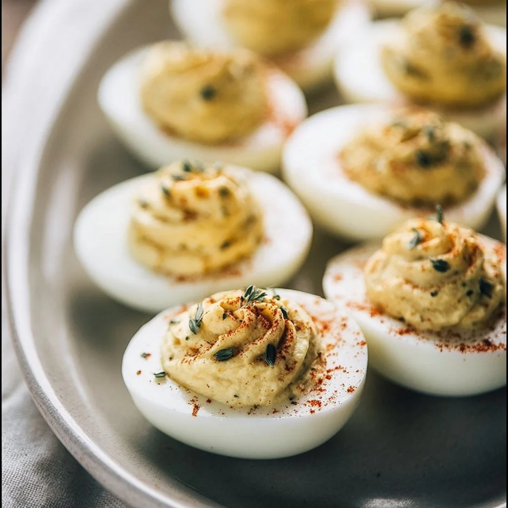 Plate of deliciously seasoned deviled eggs garnished with paprika and herbs