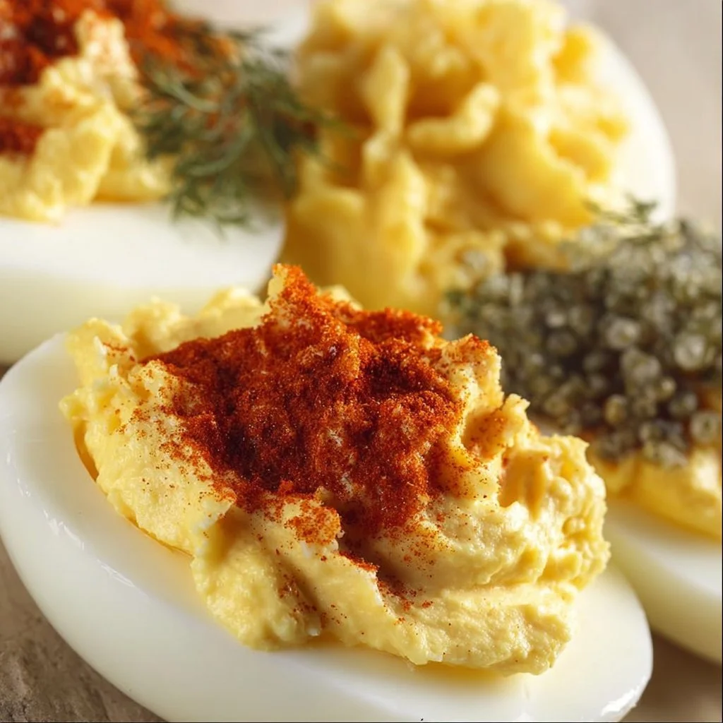 Delicious deviled eggs garnished with paprika on a serving platter
