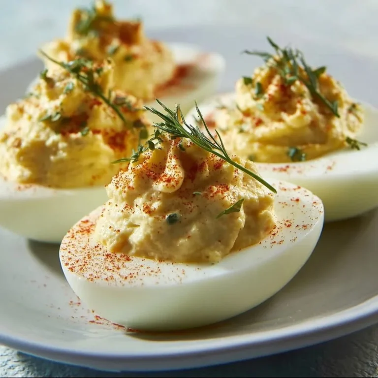 Delicious deviled eggs garnished with spices and herbs, perfect for parties.
