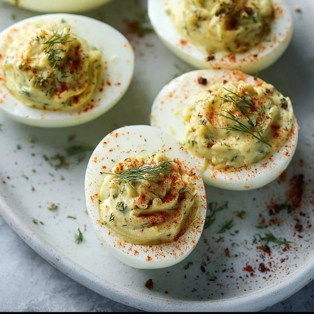 Deviled eggs topped with dill relish on a serving platter.