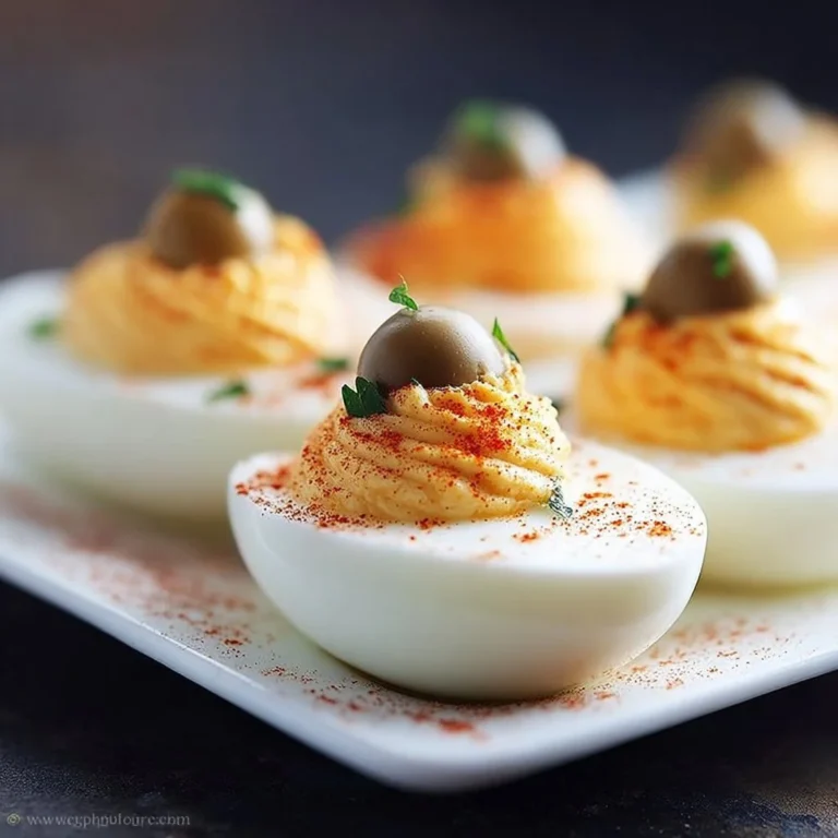 Deviled eggs with olives garnished and ready to serve