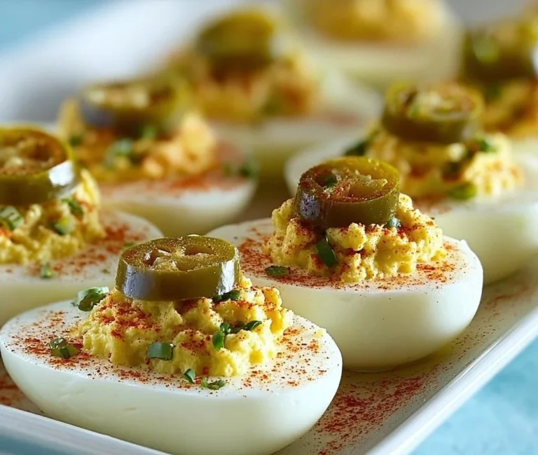 Deviled eggs topped with pickle relish and mustard on a serving plate.