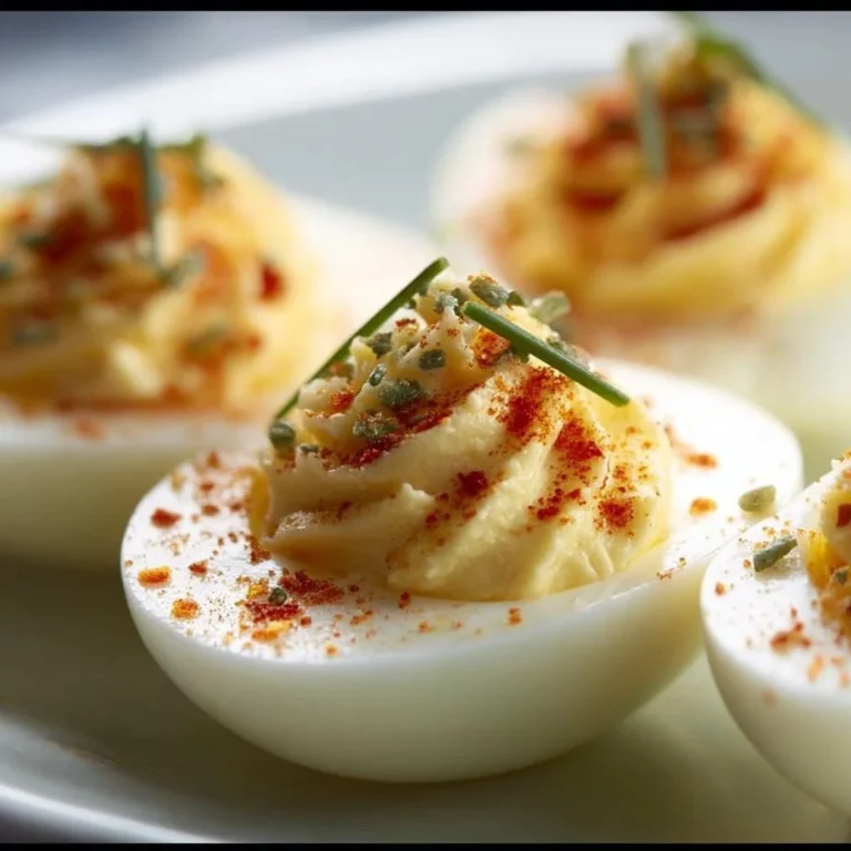 Deviled eggs topped with relish, a tasty appetizer for any occasion.