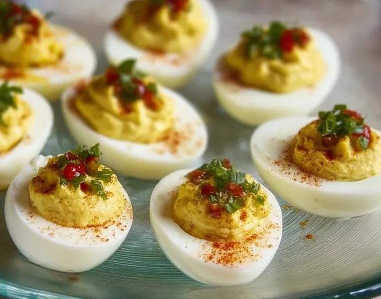 Delicious deviled eggs with relish on a serving platter