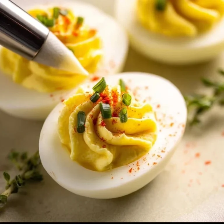 Plate of creamy deviled eggs with relish, ideal for parties and gatherings.