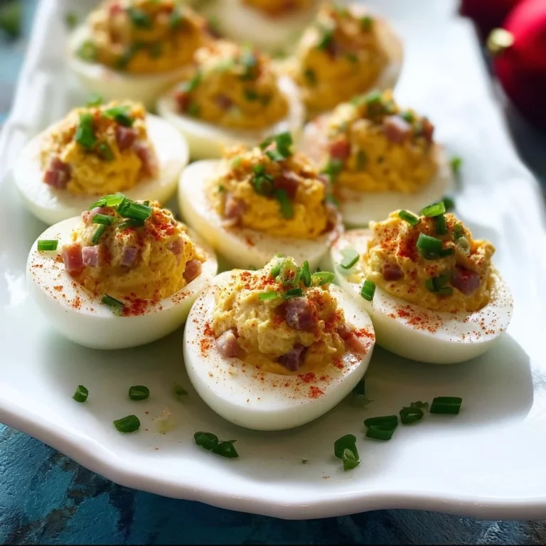 Deviled ham stuffed eggs garnished and ready to serve on a platter.