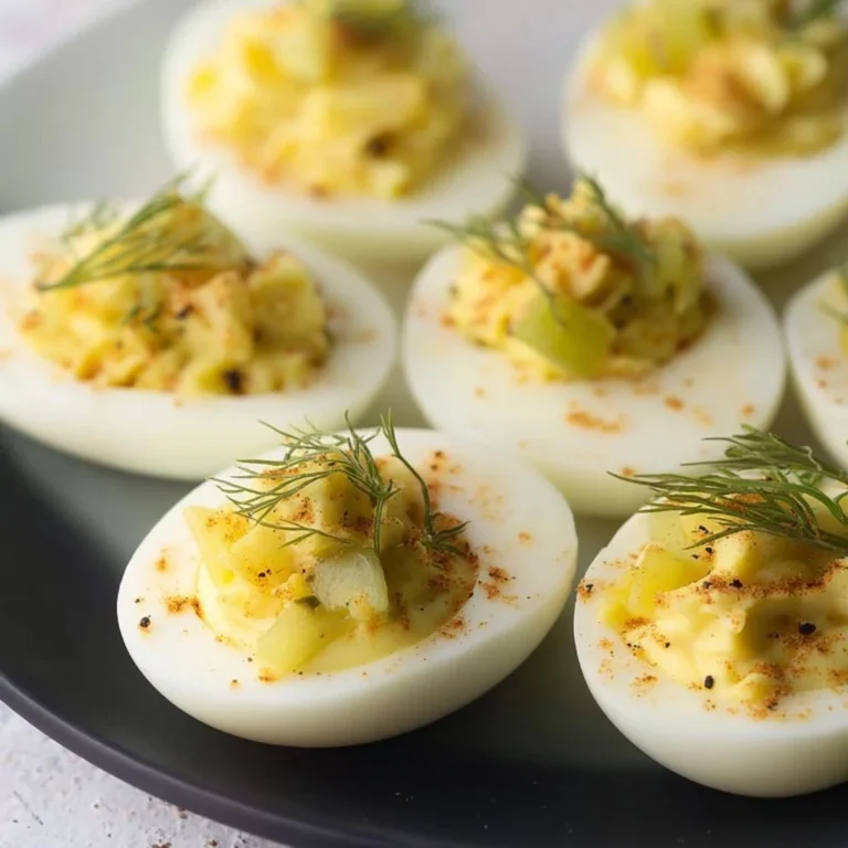 Dill Pickled Deviled Eggs garnished with dill and paprika on a platter