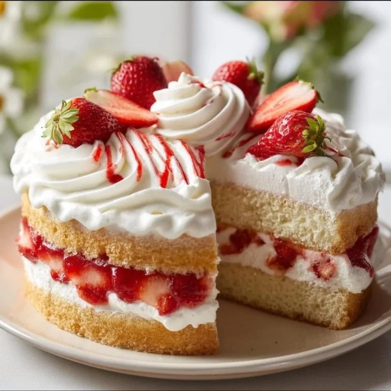 Delicious strawberry shortcake topped with fresh strawberries and whipped cream