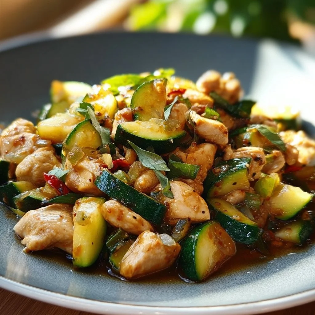Easy chicken zucchini stir fry with vegetables in a bowl