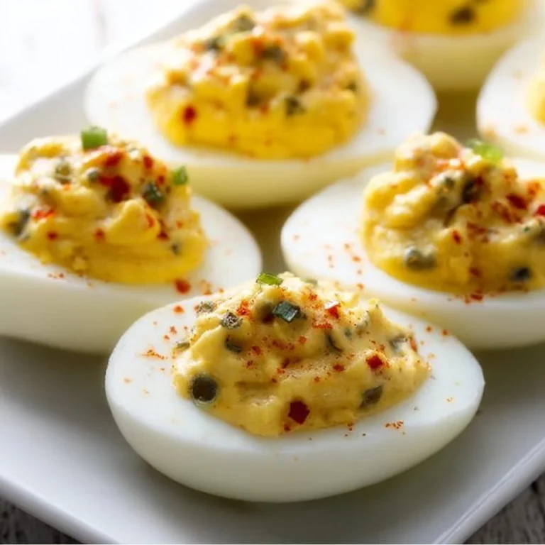 Easy deviled eggs with relish on a serving platter.