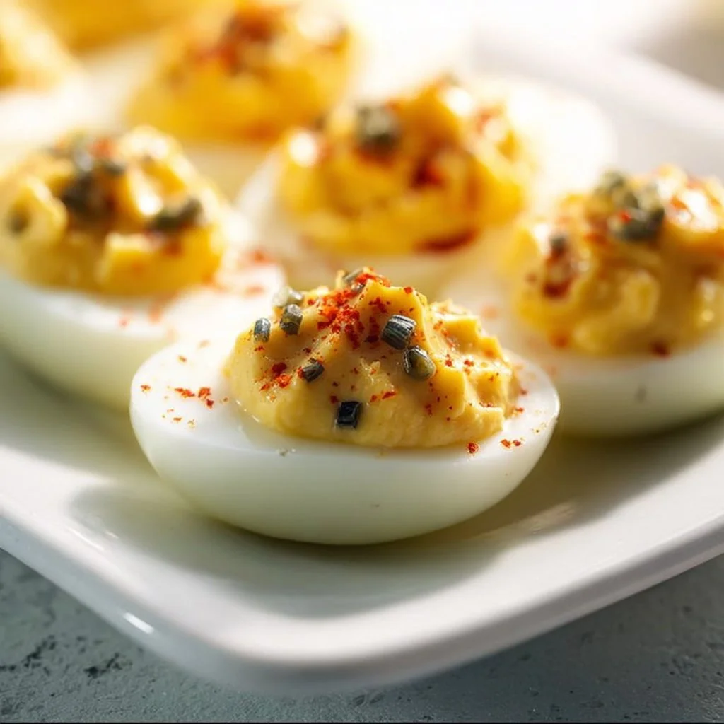 Easy deviled eggs garnished with relish on a serving platter.