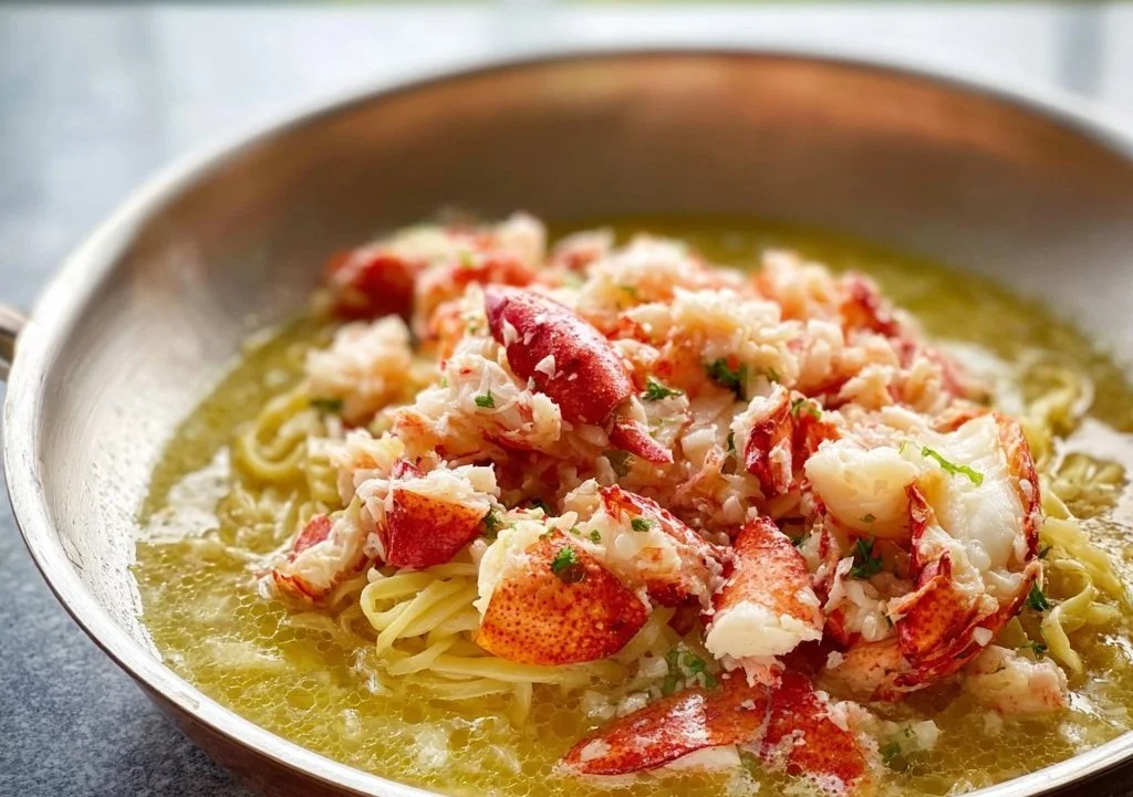 Easy lobster scampi with linguine dish served on a plate