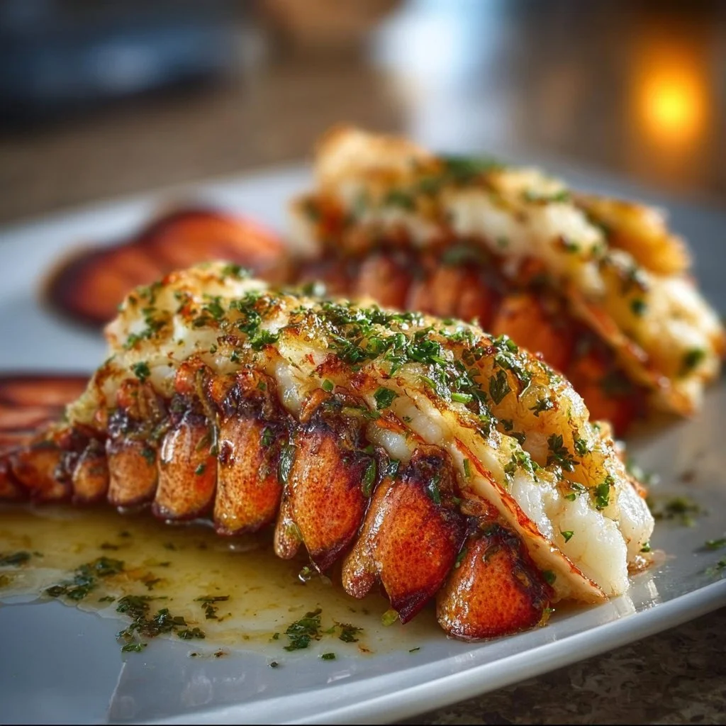 Deliciously cooked lobster tail served on a plate with garnish.