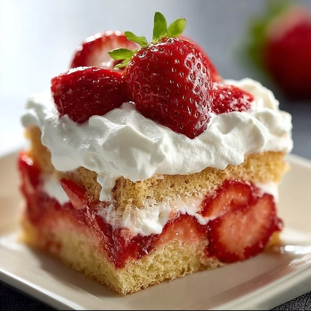 Easy strawberry shortcake sheet cake with fresh strawberries and whipped cream