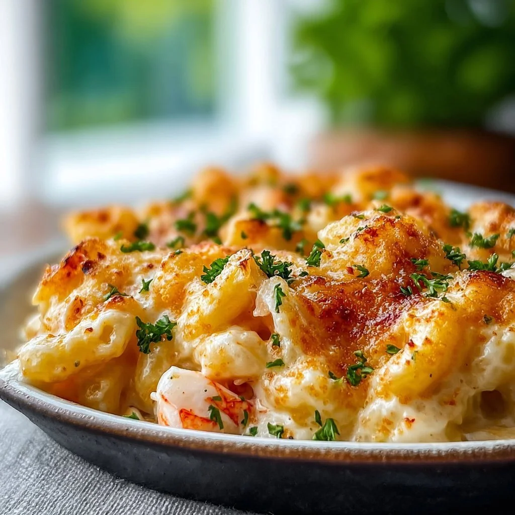 Bowl of extra creamy lobster mac and cheese topped with breadcrumbs.