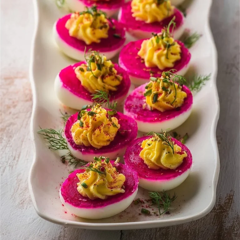 Festive beet-pickled deviled eggs arranged on a serving platter.