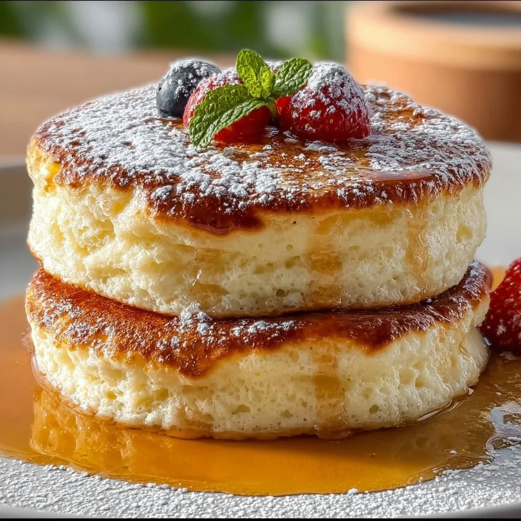 Fluffy vegan Japanese souffle pancakes stacked on a plate with syrup and berries