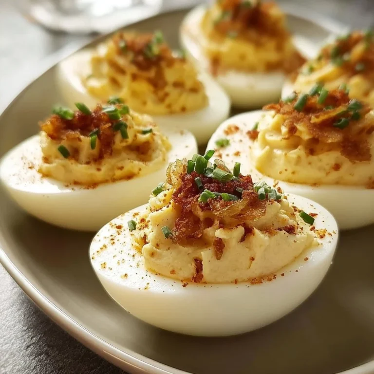 French Onion Deviled Eggs topped with caramelized onions and cheese
