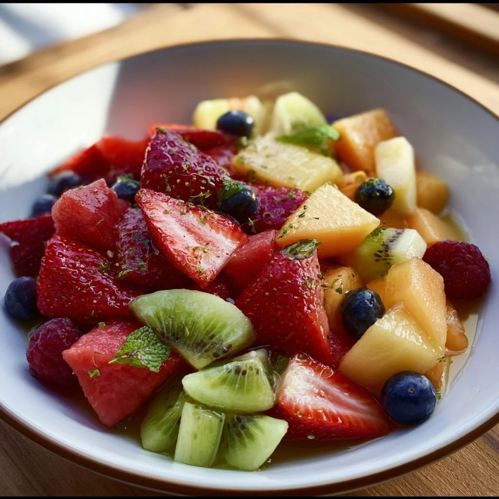 A vibrant fruit salad drizzled with honey lime dressing, showcasing colorful fruits.