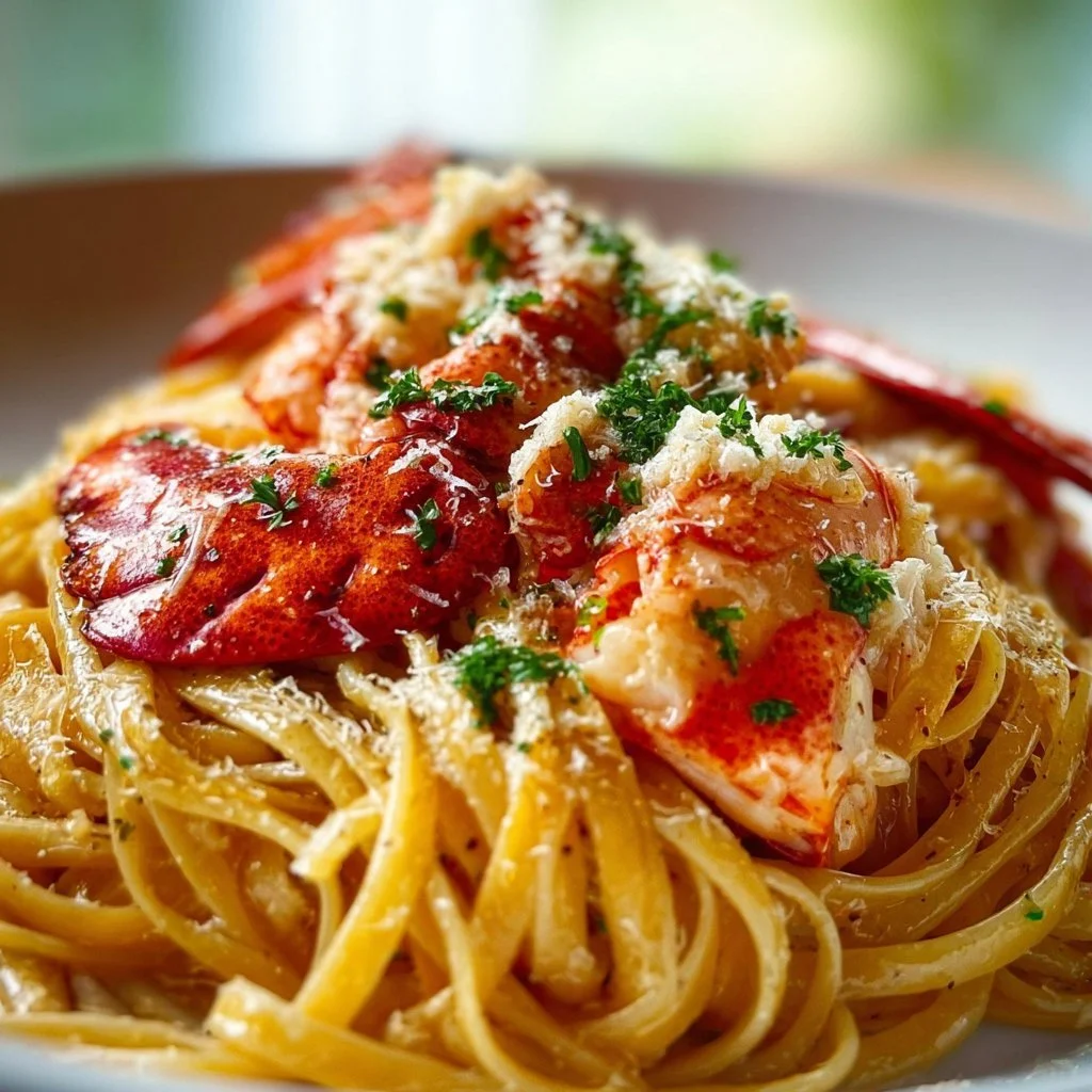 Garlic Butter Lobster Linguine in a white bowl garnished with parsley