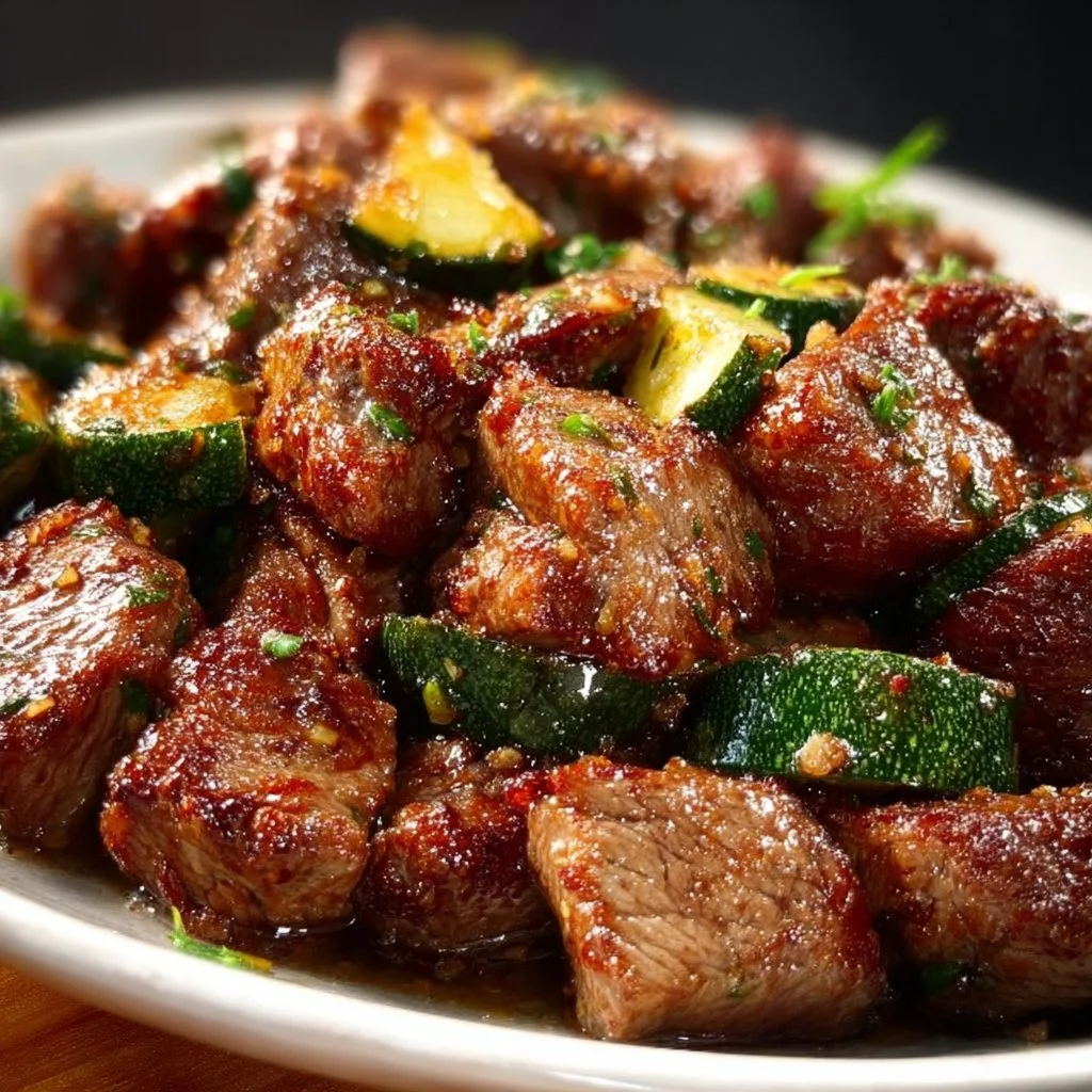 Juicy garlic butter steak bites served on a plate.