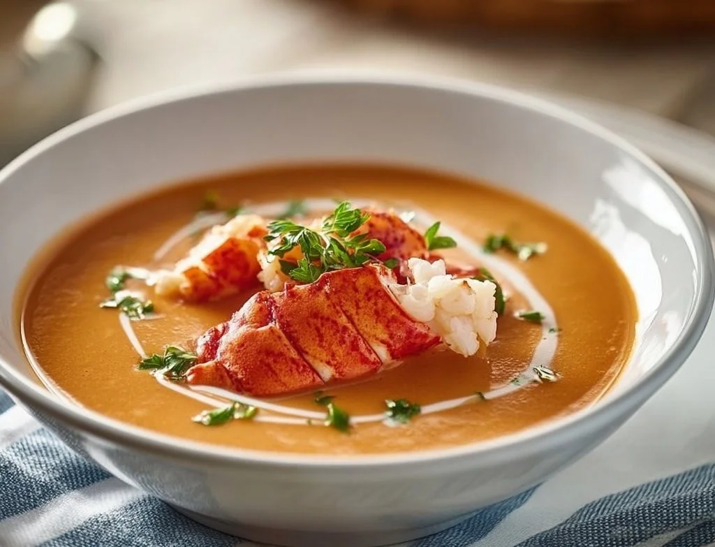 Gordon Ramsay's delicious lobster bisque served in a bowl.